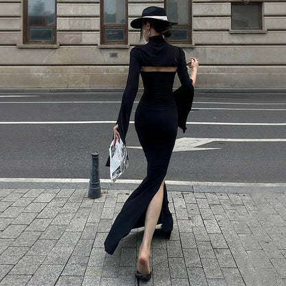 Damen Maxikleid Asymmetrischer Cut-Out Puffärmel Elegant