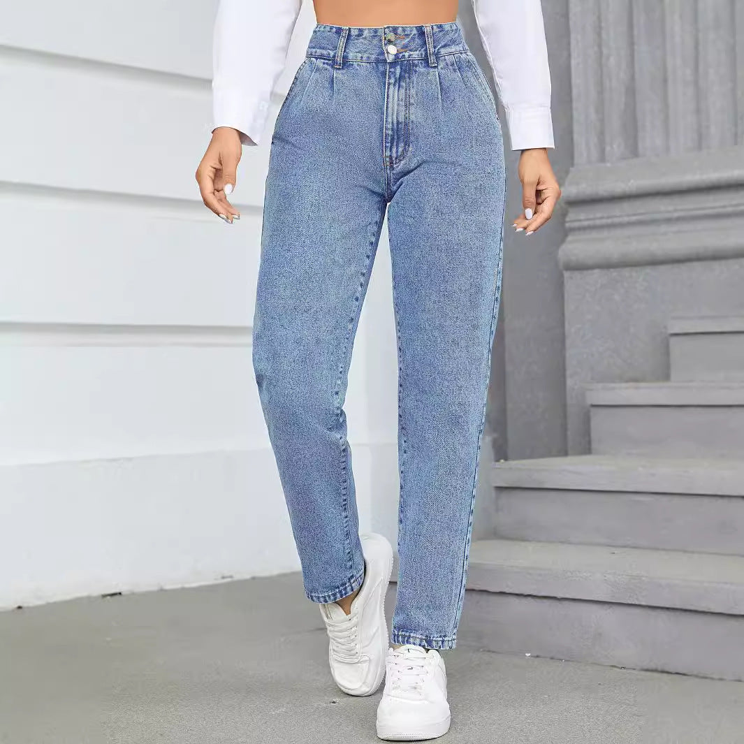 Damen High-Waist Boyfriend Jeans Klassischer Schnitt Knopfblau
