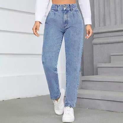 Damen High-Waist Boyfriend Jeans Klassischer Schnitt Knopfblau