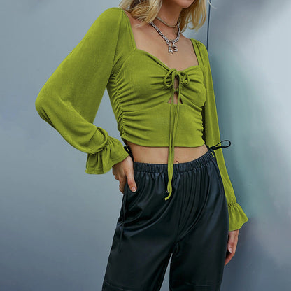 Damen Cropped Langarmshirt Rüschen-Design Knoten-Detail