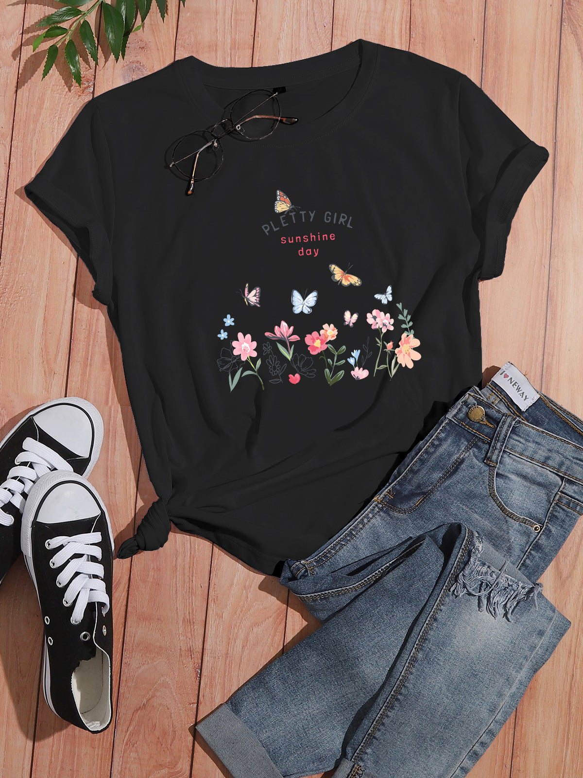 Damen T-Shirt Blumendruck Elegant Weiß