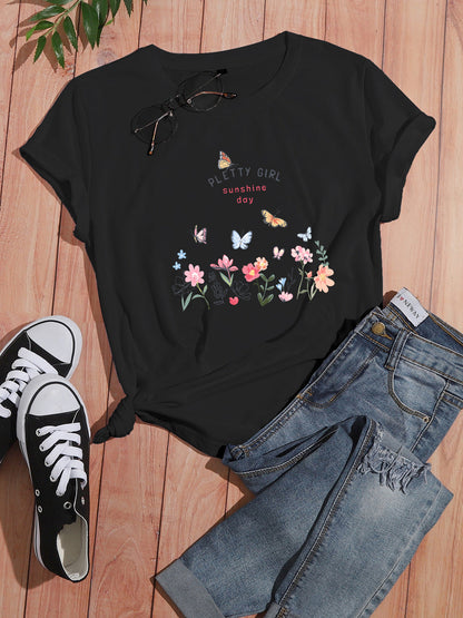 Damen T-Shirt Blumendruck Elegant Weiß