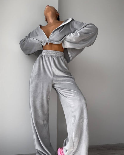 Damen Fleece-Set Hochgeschlossener Reißverschluss Weite Beine Grau