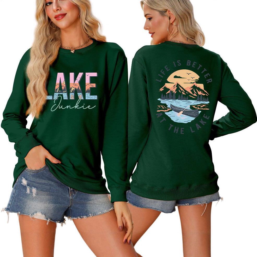 Damen Langarmshirt Lake-Motiv Leicht Baumwolle Weiß