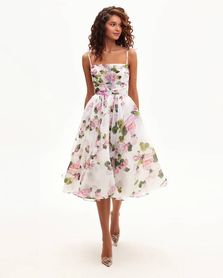 Damen Midi-Kleid Floralmuster Chiffon Taillengürtel
