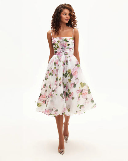 Damen Midi-Kleid Floralmuster Chiffon Taillengürtel