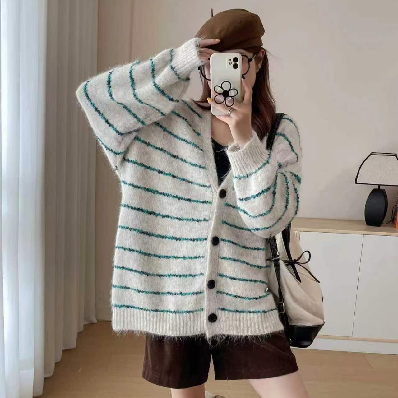 Damen Grobstrickjacke Farbige Streifen Modischer Schnitt - Eveloria