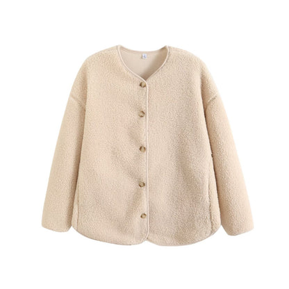 Damen Kuscheljacke Weich Velour mit Knöpfen Beige