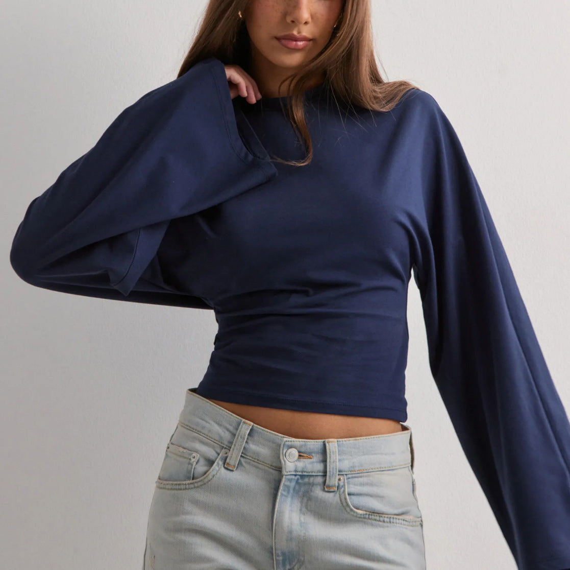 Damen Cropped Langarmshirt Weit Ärmel Eveloria