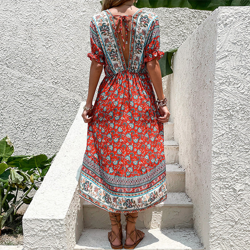 Damen Maxi-Kleid Florales Muster Asymmetrischer Saum