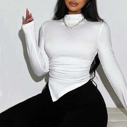 Damen Langarm- Asymmetrischer Saum Elegante Raffung