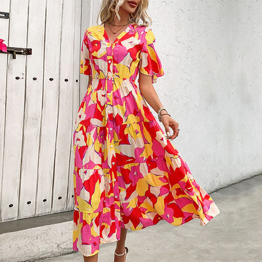 Damen Maxikleid Blumenmuster Knöpfe Rüschen Eveloria - Eveloria