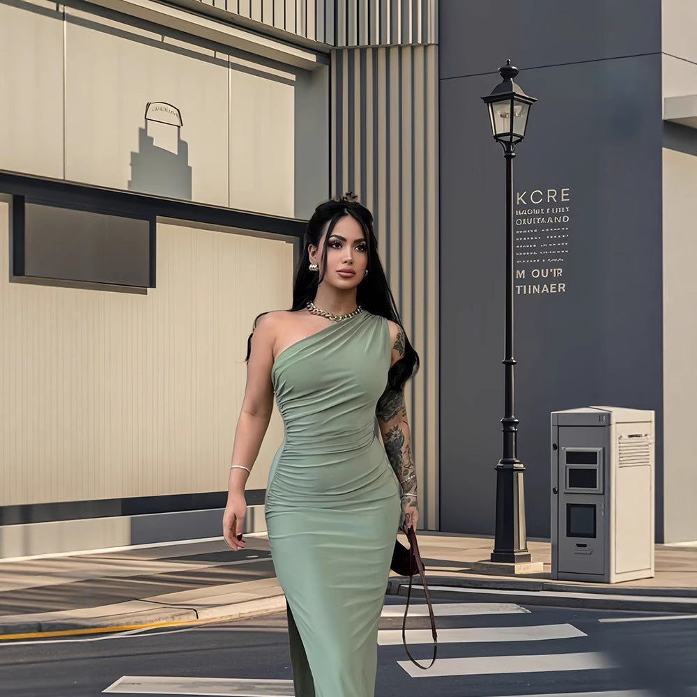 Damen Maxikleid Elegantes One-Shoulder-Design Figurbetont