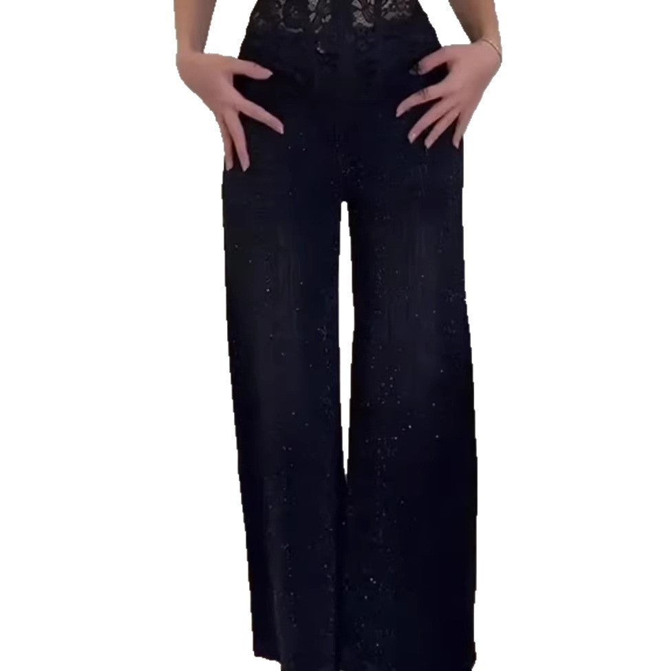 Damen Glitzer Jeans Weit Geschnitten Elegant Blau