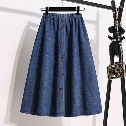 Damen Denim-Rock Lang Dekorative Druckknöpfe Blau