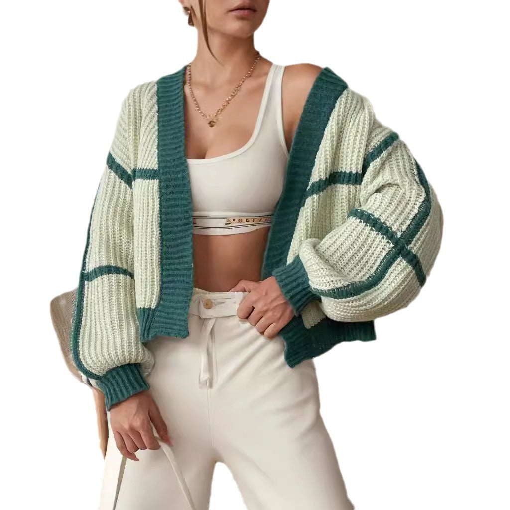 Damen Strickcardigan Blockstreifenmuster Weiß