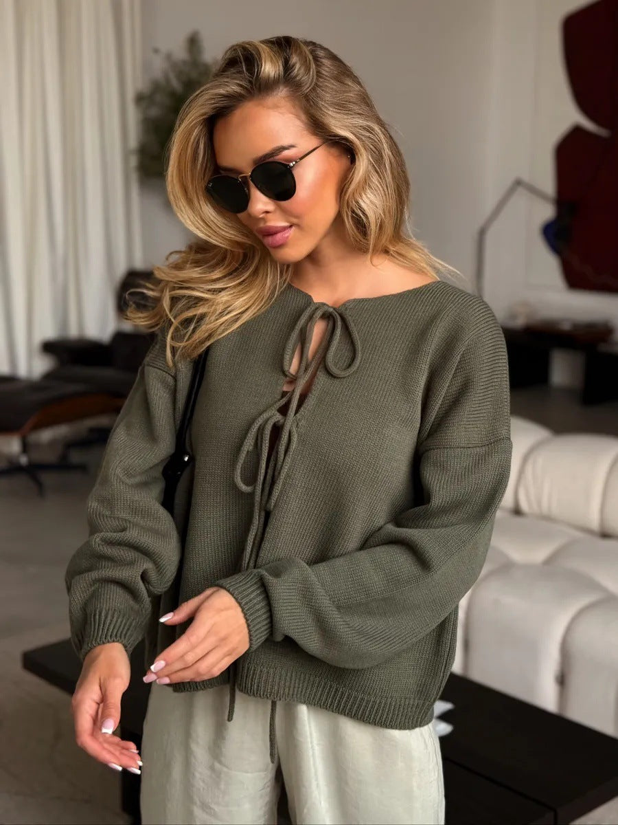 Damen Grobstrickpullover Lässig Bindebänder Beige
