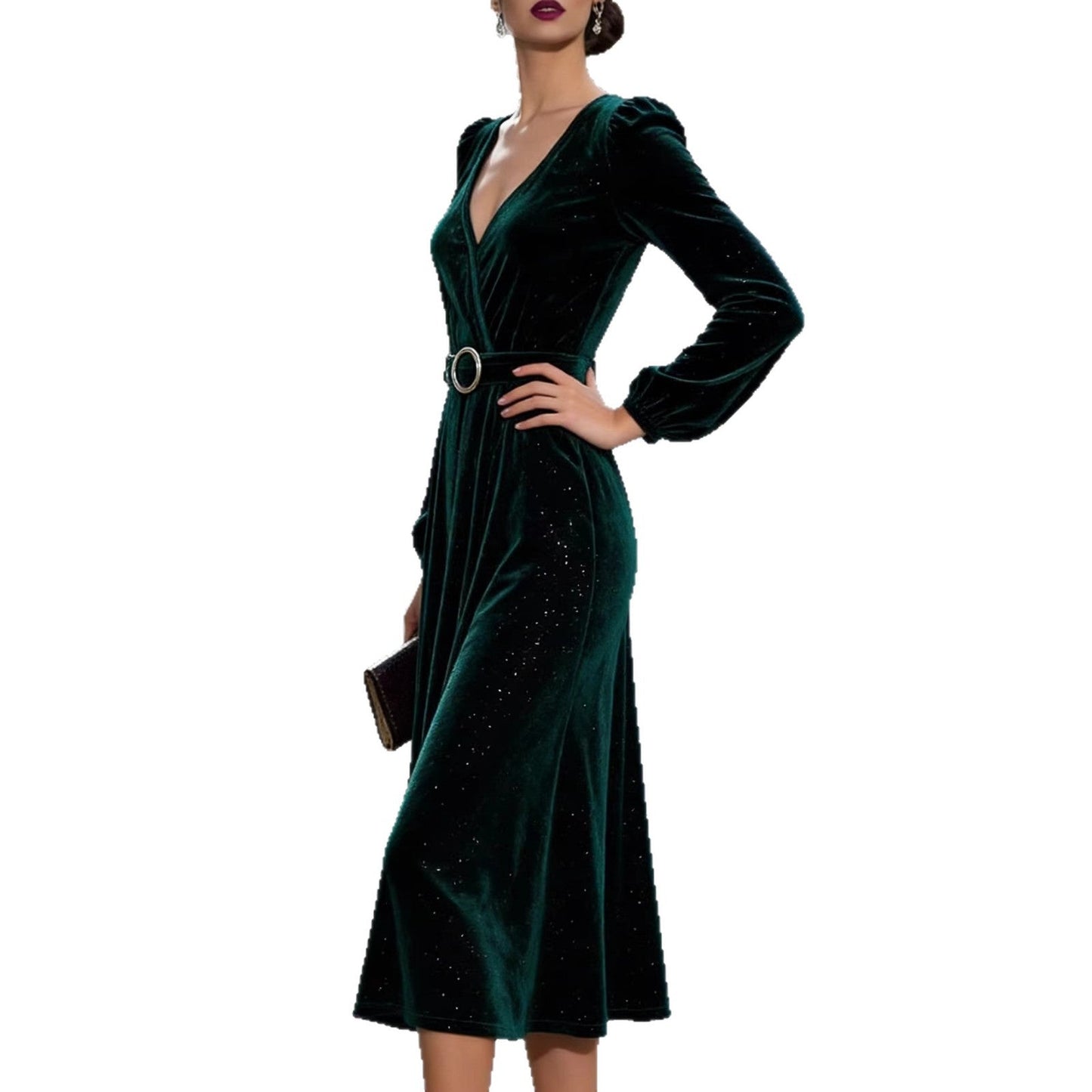 Damen Midikleid Samt Optik Funkelnde Akzente Elegante Taillierung