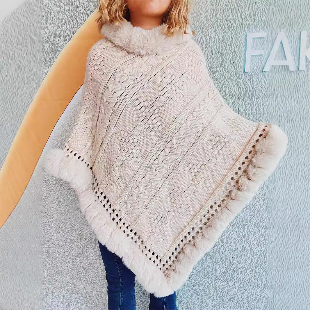 Damen Strickponcho Weiches Fell Dekorative Zöpfe Braun