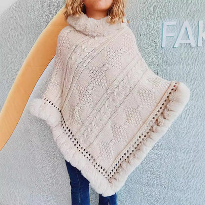 Damen Strickponcho Weiches Fell Dekorative Zöpfe Braun