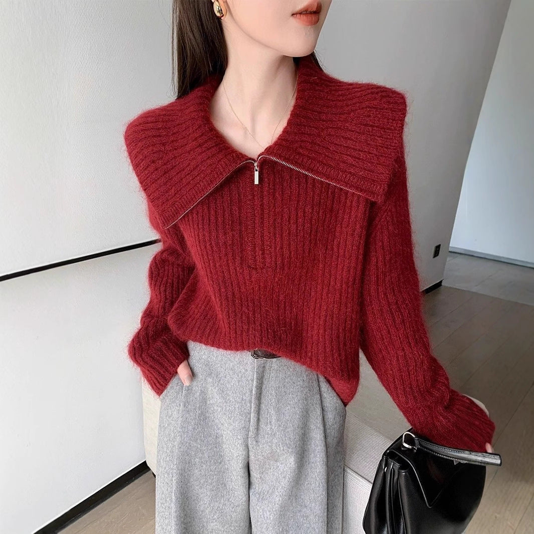 Damen Strickpullover Großkragen Reißverschluss Eveloria