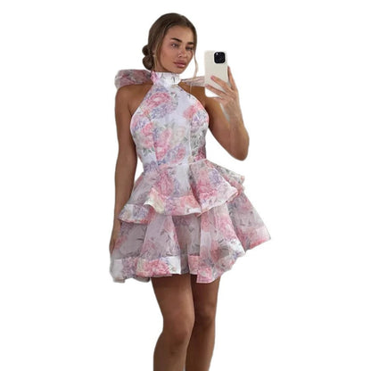 Damen Cocktailkleid Fließender Volant Hochgeschlossen Eveloria