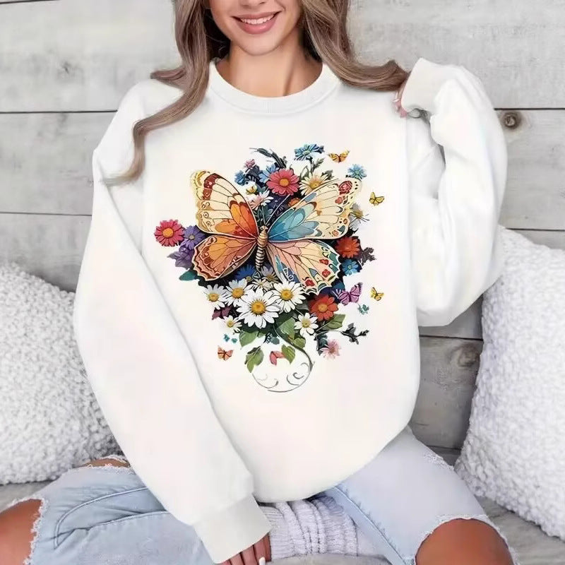 Damen Langarm Sweatshirt Floralmuster Schmetterling Druck Eveloria