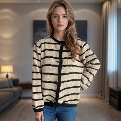 Damen Strickcardigan mit Holzknöpfen und Streifenmuster