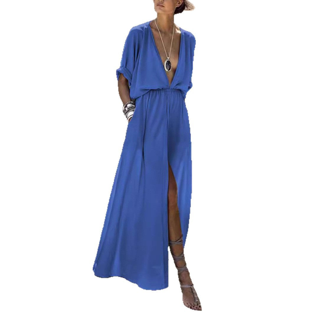 Damen Maxikleid V-Ausschnitt Hochschlitz Elegant Eveloria