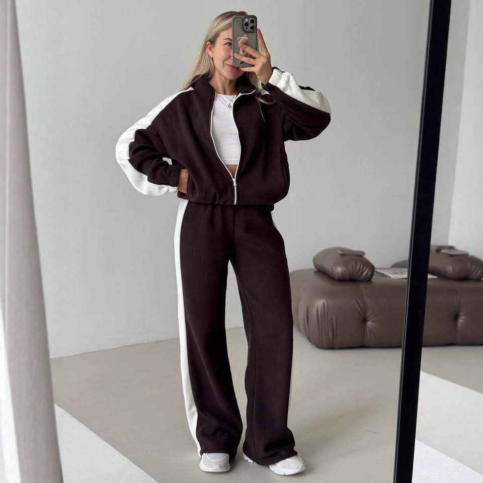 Damen Fleece-Jogginganzug Sportlich Mit Streifen Hocher Kragen - Eveloria