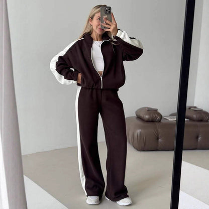 Damen Fleece-Jogginganzug Sportlich Mit Streifen Hocher Kragen - Eveloria