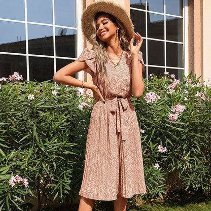 Damen Wickelkleid Voluminöse Rüschen Elegant Beige