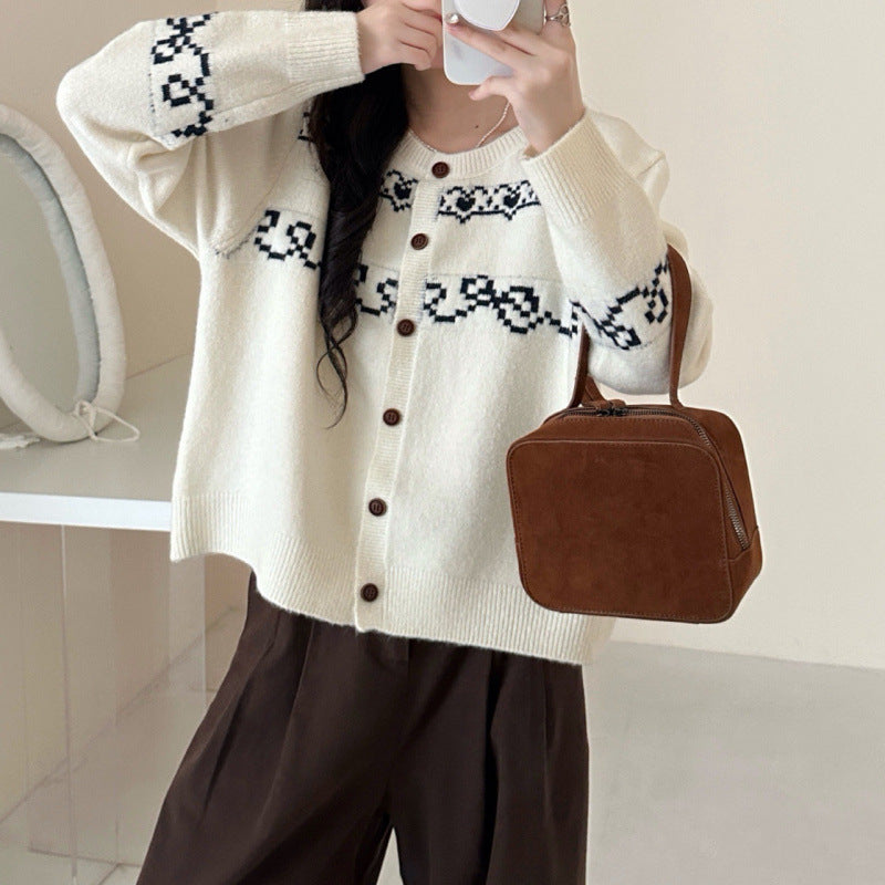Damen Strickcardigan Holzknöpfe Traditionelle Muster Beige