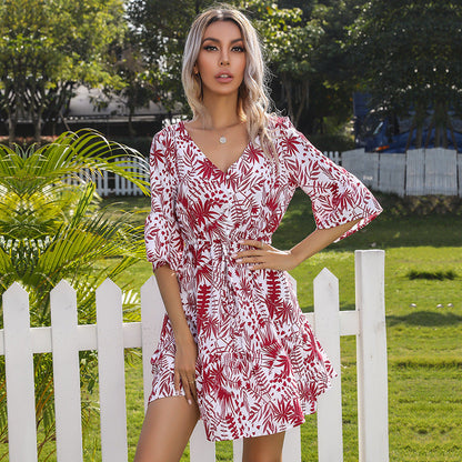 Damen Sommerkleid mit Blümchenmuster Voluminöse Ärmel Rüschendesign