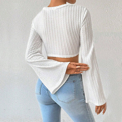 Damen Crop-Oberteil mit Trompetenärmel Spitze