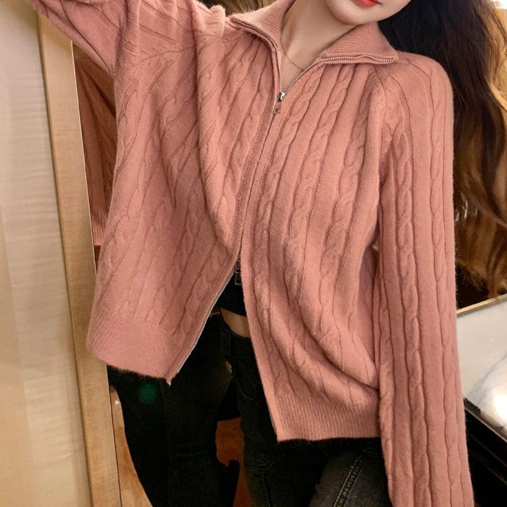 Damen Strickjacke Zopfdesign Hochkragen Eveloria
