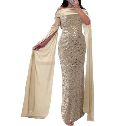 Damen Abendkleid Schulterfrei Glitzernd Langärmlig Eveloria