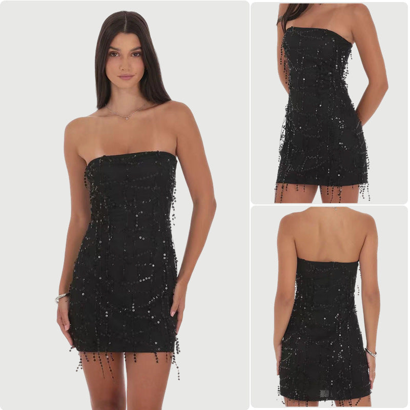 Damen Schulterfreies Cocktailkleid Pailletten Figurbetont Eveloria - Eveloria