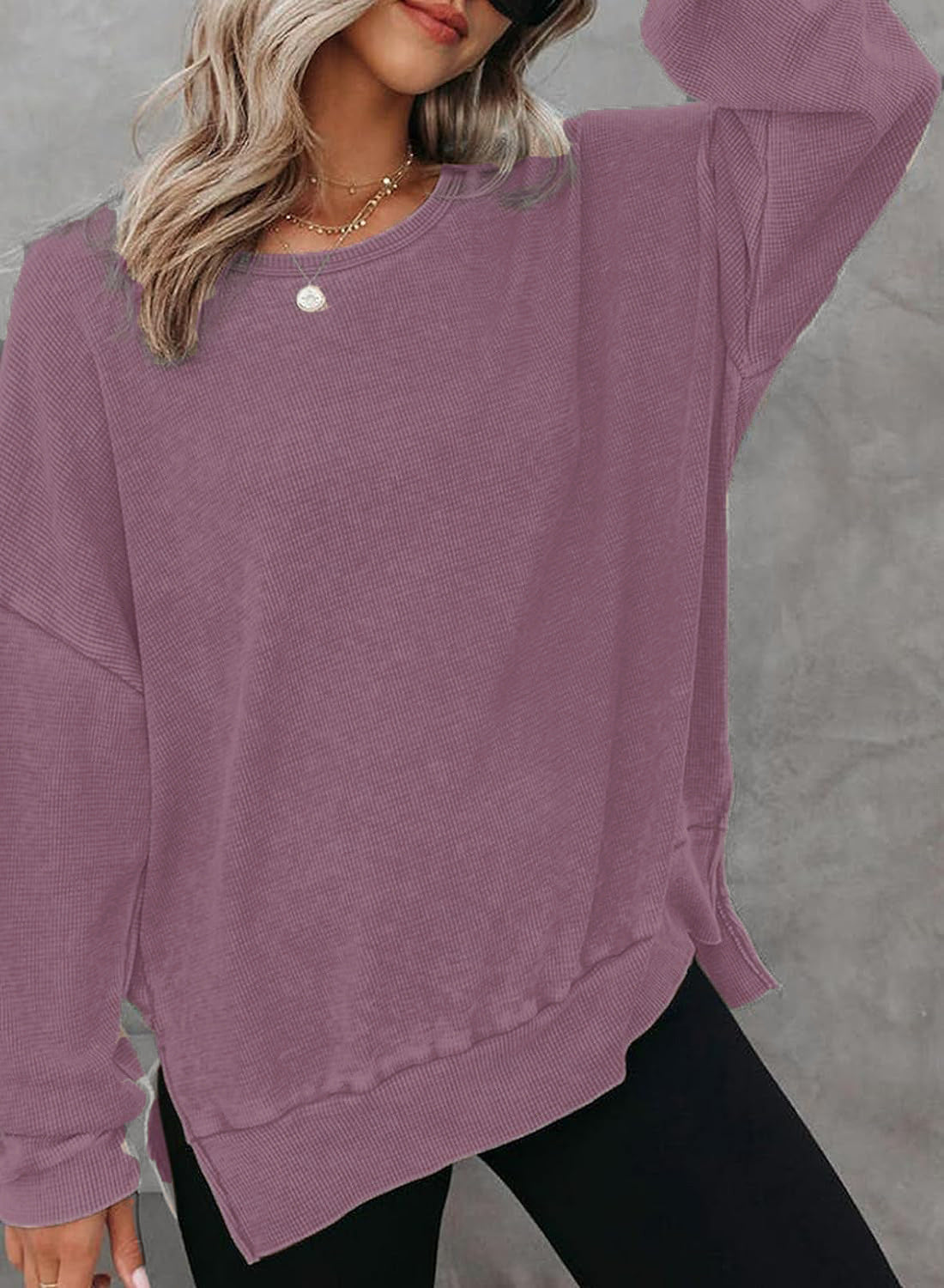 Damen Waffelpullover Lässig Mit Seitenschlitzen Grau Eveloria