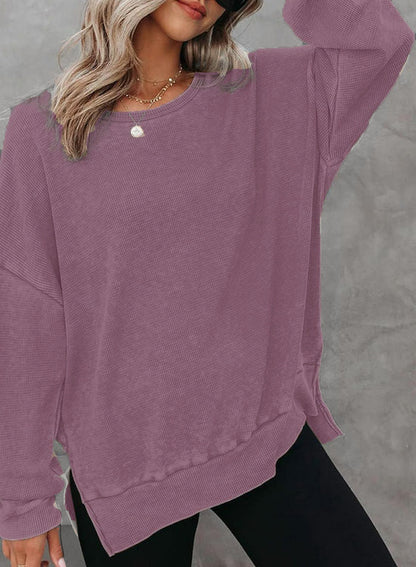 Damen Waffelpullover Lässig Mit Seitenschlitzen Grau Eveloria