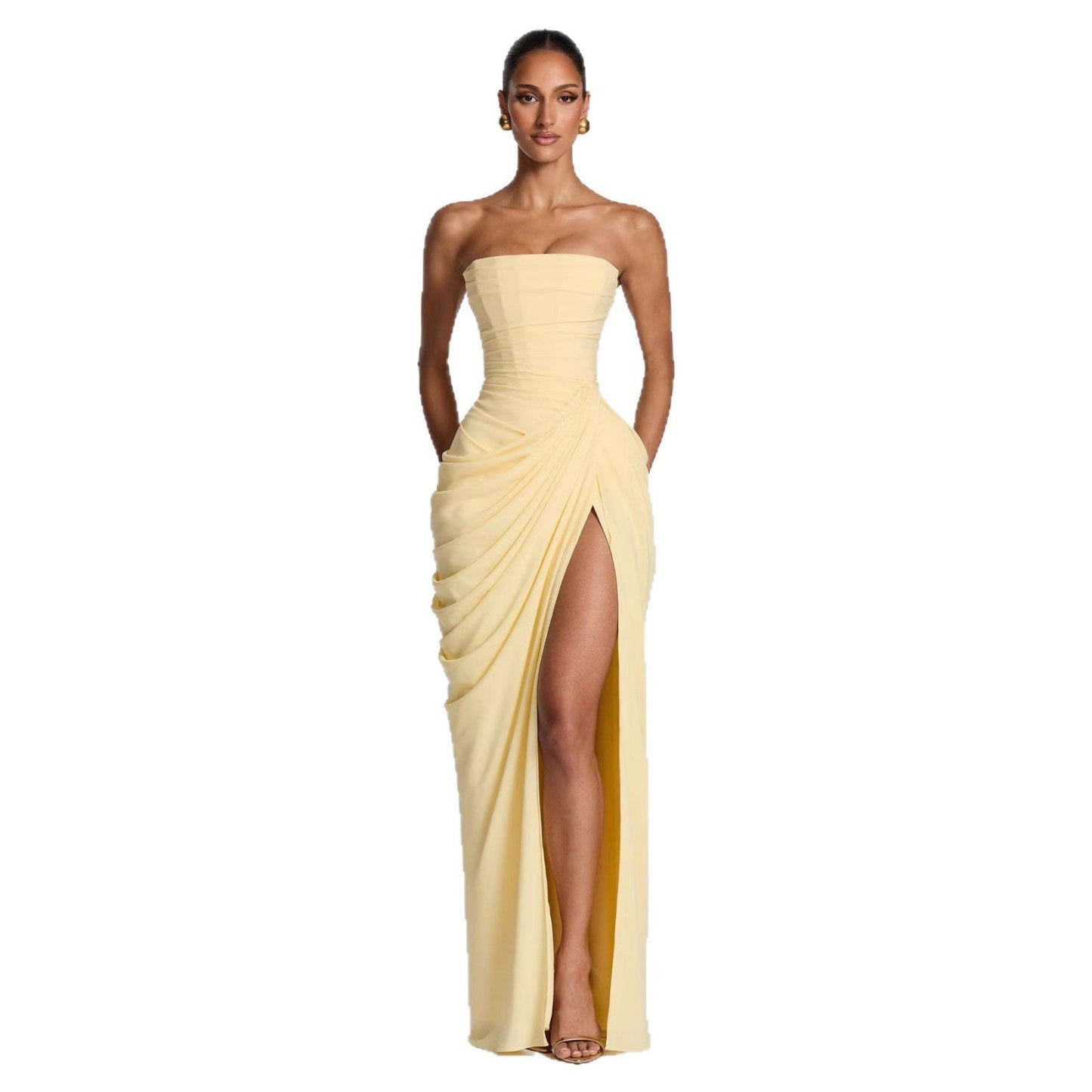 Damen Abendkleid Langarm Asymmetrisch Schlitz Eveloria
