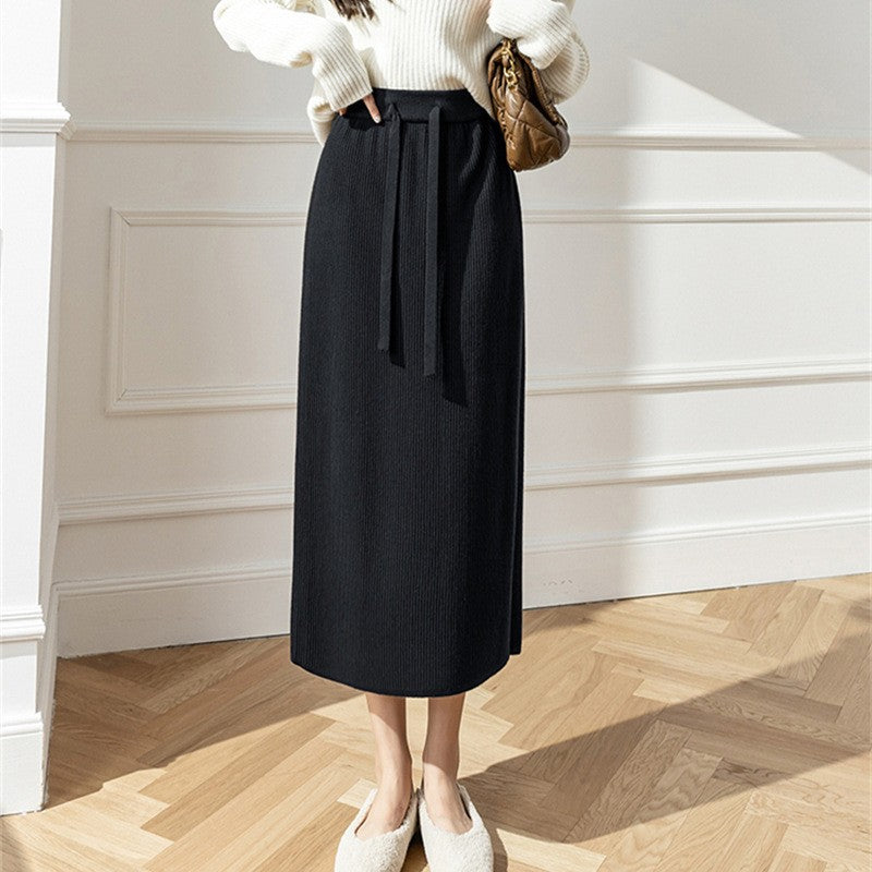 Damen Midi-Rock Elastischer Bund Taillierender Bindegürtel
