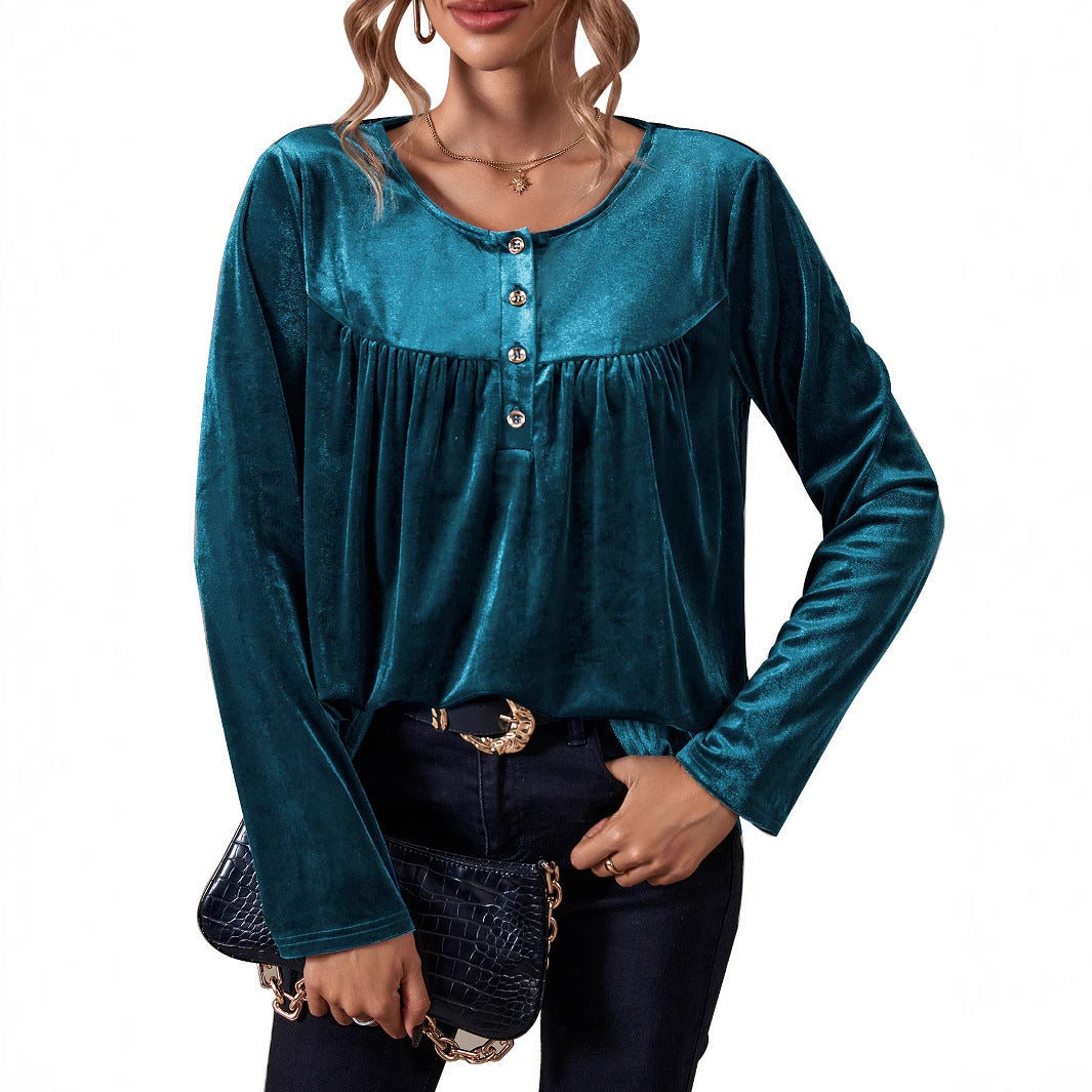 Damen Velours Oberteil Gerafft Knopfdetail Eveloria