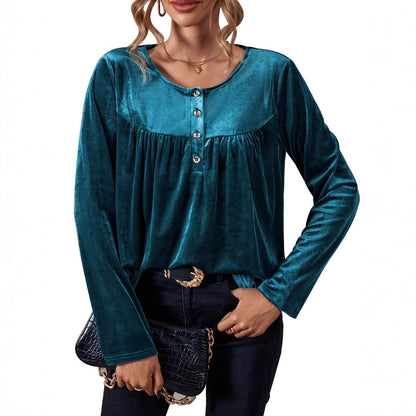 Damen Velours Oberteil Gerafft Knopfdetail Eveloria