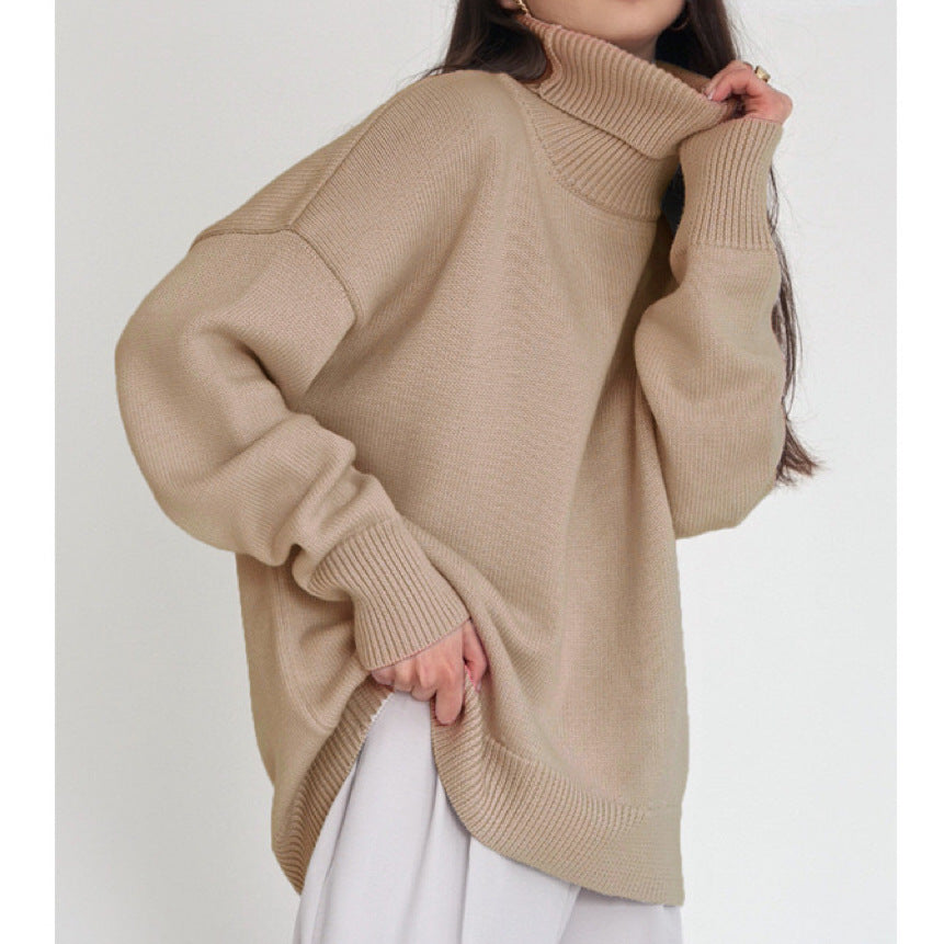 Damen Oversized Rollkragenpullover Gestrickt Basic Beige