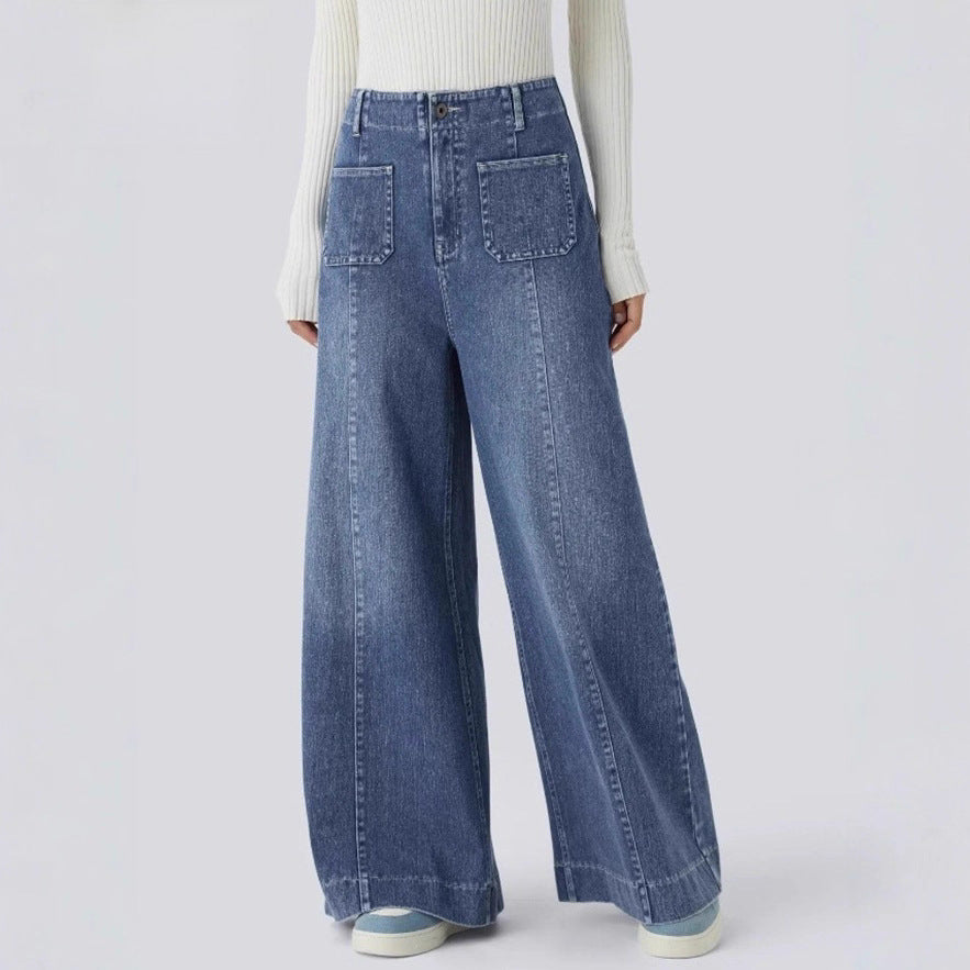 Damen Weite Jeanshose Hohe Taschen Eveloria - Eveloria
