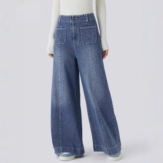 Damen Weite Jeanshose Hohe Taschen Eveloria - Eveloria