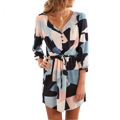 Damen Sommerkleid Halbarm Tailliert Knöpfe Beige
