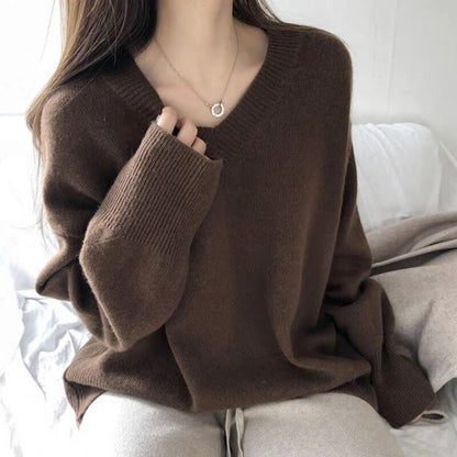 Damen Pullover Grobgestrickt V-Ausschnitt Oversized Ärmel Beige