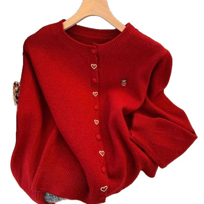 Damen Strickjacke Kuschelig Herz Erdbeere Applikationen
